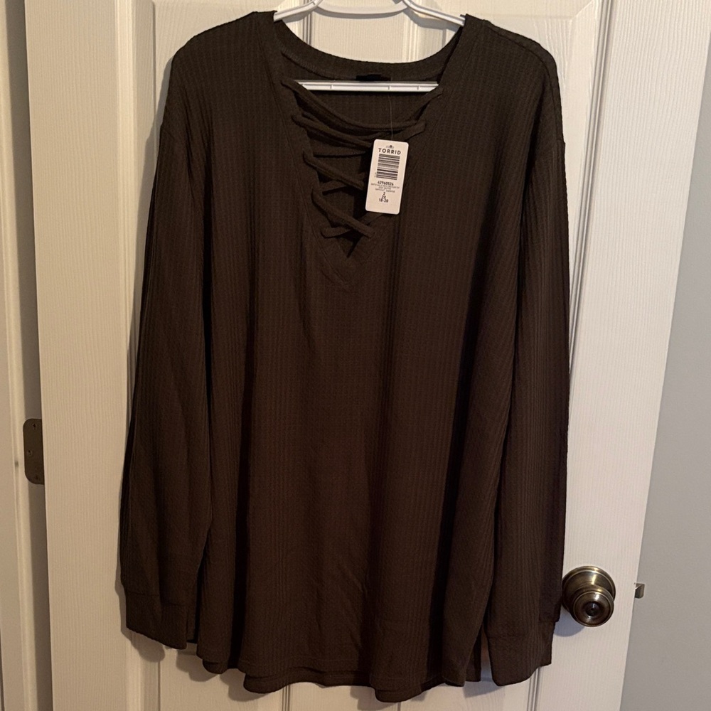 Olive Green Long Sleeve Top with Lace-Up Detail